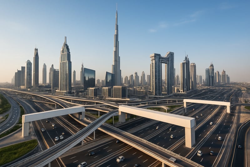 Dubai skyline with modern highways and toll gates